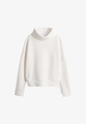 Pull-over court blanc en tissu doux et texturé. Présente un col roulé haut et des manches longues.