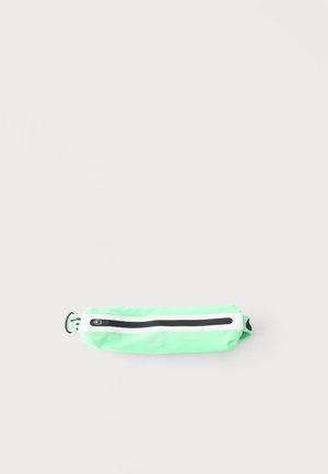 Light green waist bag with a black and white horizontal zipper and an adjustable strap on a plain light background.