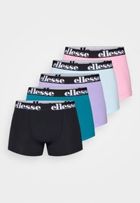 Set of five pairs of boxer briefs featuring a black waistband with "ellesse" logo. Colors include black, teal, lavender, pink, and light blue.