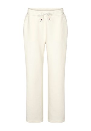 Roomkleurige joggingbroek met een zachte textuur, elastische taille, verstelbare trekkoord en zijzakken. Eenvoudig ontwerp met rechte pijpen.