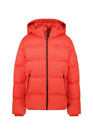 Rode gewatteerde jas met capuchon, voorzien van een frontale rits en twee zijzakken, gemaakt van gladde, waterafstotende stof.