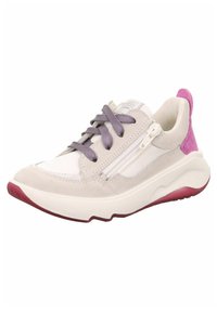 Light gray suede and white mesh sneaker with purple laces and a pink rear accent. Features a side zipper and thick white sole with red detail.