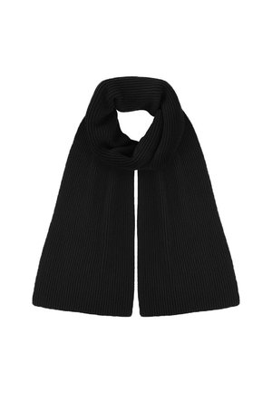 Czarny szalik z prążkowanego miękkiego dzianinowego materiału, o pętlowym wzorze. Tekstura jest jednolita, z równomierną szerokością na całej długości.