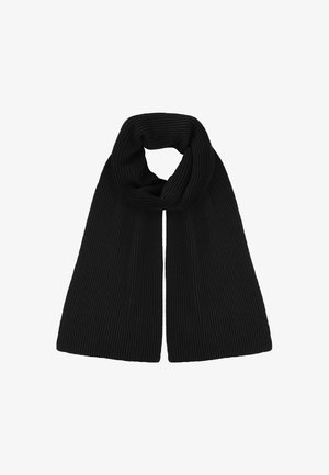 Czarny szalik z prążkowanego miękkiego dzianinowego materiału, o pętlowym wzorze. Tekstura jest jednolita, z równomierną szerokością na całej długości.