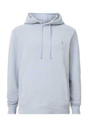 Lyseblå hoodie lavet af blødt stof, med en frontlomme, snore, ribbede manchetter og et lille broderet logo på brystet.