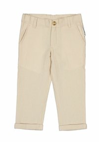 Beige linnebyxor med rak passform, med knäppning, bälteshällor och fyra fickor. Uppvikta fållar ger en skräddarsydd detalj.