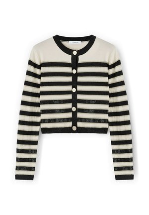 Zwarte en crèmekleurige gestreepte cardigan met lange mouwen, cropped ontwerp, ronde halslijn en zes knoopsluitingen. Bevat metalen accenten.