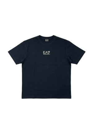 T-shirt nera a maniche corte con logo bianco "EA7 Emporio Armani" centrato sul petto, scollo tondo e orlo dritto.
