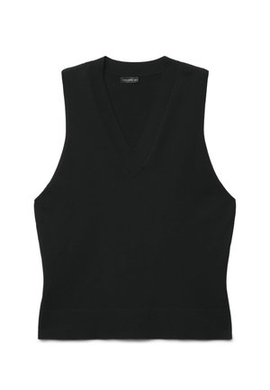 Haut tricoté noir sans manches avec un col en V profond et une taille cintrée, posé à plat sur fond blanc.