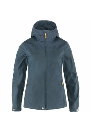 Navy blue jacket with a high collar and hood, featuring a front zipper, side pockets, and brown hardware accents. Smooth texture.