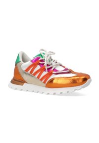 Kleurige sneaker met oranje metallic en holografische accenten, witte mesh en gemêleerde beige panelen met een rubberen zool voor grip.