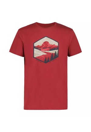 Camiseta roja de manga corta con diseño hexagonal de un río, pinos, montañas y sol, etiquetada como "Icepeak Outdoor."