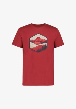 Camiseta roja de manga corta con diseño hexagonal de un río, pinos, montañas y sol, etiquetada como "Icepeak Outdoor."