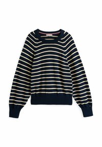Maglione a righe blu navy e crema con collo a giro, polsini e orlo a costine, caratterizzato da una vestibilità comoda e una trama a maglia.