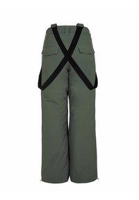 Pantaloni da neve verdi impermeabili con bretelle nere regolabili, gambe larghe e due tasche posteriori. Presentano cuciture rinforzate per una maggiore durata.