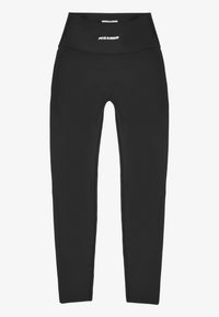 Zwarte leggings van rekbaar materiaal, met een hoge tailleband en een wit "PEGADOR" logo aan de voorkant. Glad oppervlak, nauwsluitend ontwerp.