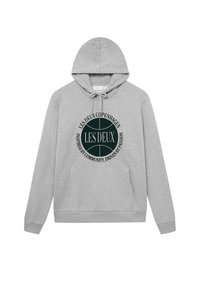 Γκρίζα φούτερ από βαμβάκι με τσέπη μπροστά, κουκούλα με κορδόνι και στρογγυλή γραφική απεικόνιση σε σκούρο πράσινο κείμενο με "LES DEUX COPENHAGEN" και ένα σλόγκαν.