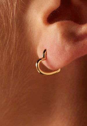 Gouden oorring in de vorm van een hart, met een gladde, gepolijste afwerking en een kleine, puntige accent aan de bovenkant.