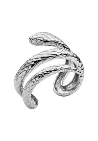 Pulsera deöff cuff en forma de serpiente hecha de plata, con escamas texturizadas y dos extremos enroscados. Presenta un acabado pulido y una artesanía detallada.