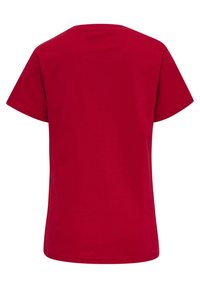 Rød bomulds t-shirt med korte ærmer, rund halsudskæring og en glat tekstur. Der er ingen mønstre eller dekorationer.