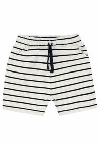 Gestreifte Shorts in Hellgrau mit schwarzen horizontalen Streifen, aus weichem Material, mit elastischem Bund und verstellbarem Kordelzug.