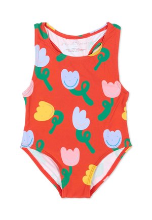 Czerwony jednoczęściowy strój kąpielowy dla dzieci z kolorowymi uśmiechniętymi wzorami kwiatów w kolorach niebieskim, różowym i żółtym z zielonymi łodygami.