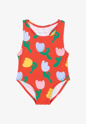 Costume intero rosso per bambini con motivi di fiori sorridenti colorati in blu, rosa e giallo con gambi verdi.