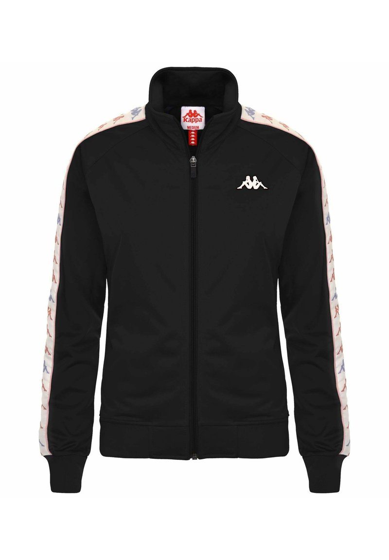 Giacca atletica nera con colletto alto, zip completa, polsini a costine e strisce laterali a contrasto con piccoli motivi di personaggi colorati. Logo Kappa visibile.