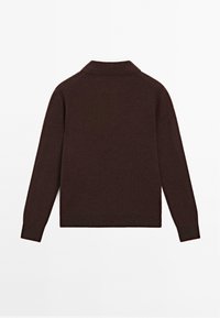 Dark brown long-sleeve sweater with a small collar, shown from the back on a plain white background.