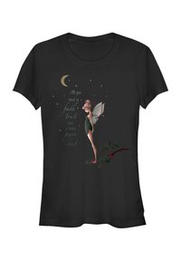 Schwarzes T-Shirt mit einer bunten Grafiken einer Fee, mit dem Text "Alles was du brauchst ist Glauben, Vertrauen und ein wenig Feenstaub."