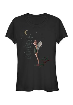 Schwarzes T-Shirt mit einer bunten Grafiken einer Fee, mit dem Text "Alles was du brauchst ist Glauben, Vertrauen und ein wenig Feenstaub."