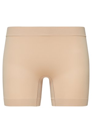 Pantalones cortos de algodón elástico beige con una banda suave en la cintura, diseño ajustado y longitud a mitad de muslo. Lados sin costuras y textura suave.
