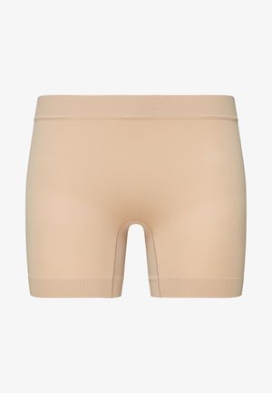 Beige stretch-katoenen shorts met een zachte tailleband, een aangesloten ontwerp en een lengte tot halverwege de dij. Naadloze zijkanten en een gladde textuur.
