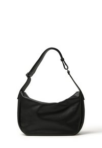 Borsa a spalla in pelle nera testurizzata con una sola tracolla regolabile e chiusura con zip, esposta su uno sfondo bianco.