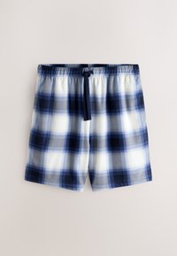 Shorts à carreaux bleus et blancs avec une taille élastique et un cordon bleu marine centré sur un fond clair.