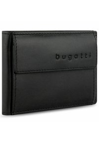 Schwarze Lederbörse mit geprägtem "bugatti"-Logo, glatte Textur, rechteckige Form und saubere Nähte. Minimalistisches Design ohne Muster.