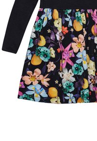 Garais piedurknes kleita ar pieguļošu melnu augšdaļu un plisētu svārku, kas rotāta ar krāsainu ziedu rakstu tumšā fona.