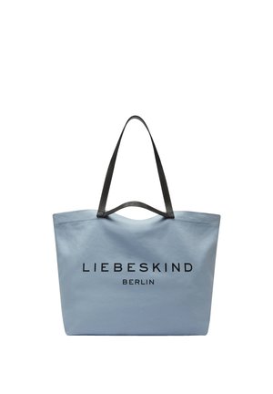 Jasnoniebieska torba na ramię z czarnymi uchwytami i napisem "LIEBESKIND BERLIN" w czarnym kolorze na przodzie.