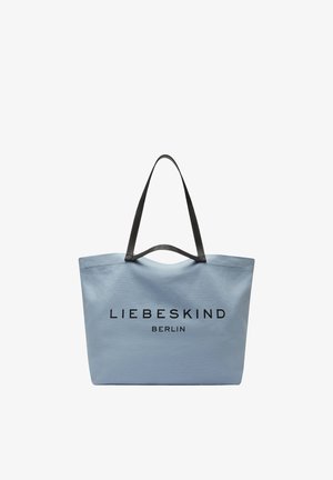 Jasnoniebieska torba na ramię z czarnymi uchwytami i napisem "LIEBESKIND BERLIN" w czarnym kolorze na przodzie.