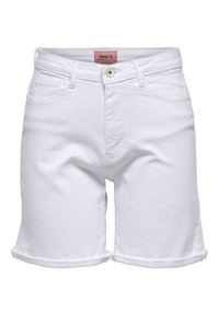 Shorts en denim blanc avec un ourlet retroussé, fermeture à bouton à l'avant et design à cinq poches. L'étiquette indique "ONLY". Texture douce et coupe classique.