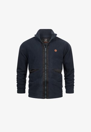 Námořnický fleecový svetr s vysokým límcem, zipovým zapínáním a kontrastním černým panelem. Obsahuje dvě přední kapsy a detail loga.