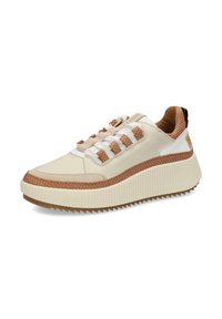 Sneakers alla moda in pelle color crema e dalmati, caratterizzati da un design ombre testurizzato, una suola spessa e rigata e dettagli marroni sulla tomaia.