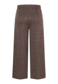 Trousers in a houndstooth pattern, brown and red, wide-leg fit, textured fabric, featuring side pockets and a waistband.
