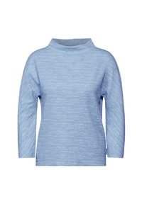 Hellblauer Pullover mit hohem Kragen, 3/4-Ärmeln, strukturiertem Stoff mit einem dezenten Streifenmuster und lockerer Passform.