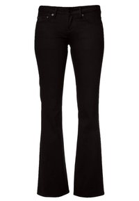 Mustat liehuvat farkut denimiä, joissa on viisi taskua, vetoketjullinen haara ja nappikiinnitys sekä hienovaraiset ompeludetaljit takataskuissa.