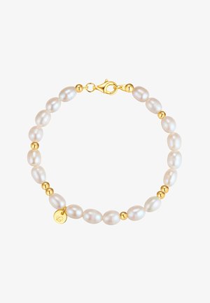 Pearlų apyrankė su netaisyklingais baltais perlais ir matiniu auksiniu tarpiniu. Patikimas voratinklio užsegimas su apvaliu žavesio detaliu.