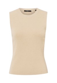 Beige bezrukávový top s ribbovanou texturou, který má vyvýšené tečkované vzory pro zvýšení detailu. Měkká tkanina a kulatý výstřih.
