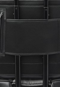 Zwarte rugzak met een voorvak van mesh, gladde lederen accenten en een gestructureerd frame. Ritssluiting en ontwerp met meerdere vakken.