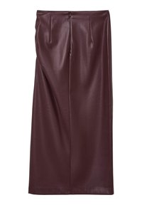 Burgunderfarbene, lederne Midi-Rock mit Falten an der Taille und einem Reißverschluss auf der Rückseite. Glatte Textur und gerade Silhouette.