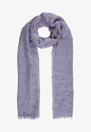 Écharpe violet clair avec de petites étoiles métalliques imprimées, bouclée lâchement avec des bords frangés sur un fond blanc.
